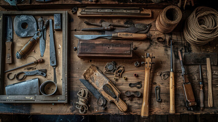 An authentic workshop scene featuring a luthier carefully inspecting wood grain for guitar crafting, surrounded by vintage tools and a sense of tradition