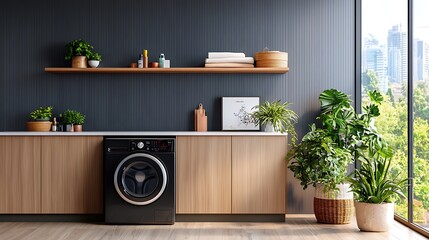 A modern minimalist laundry room showcasing custom cabinetry open shelving and lush houseplants that create a cozy comfortable and organized living space