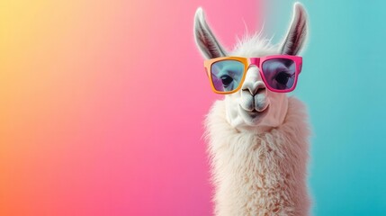 surreal illustration of a quirky llama wearing stylish sunglasses, set against a vibrant pastel background, playful and eye-catching design perfect for advertising or editorial purposes
