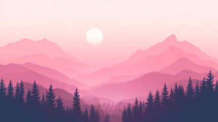 Fototapeta premium Pink Mountain Sunset Landscape with Misty Forest