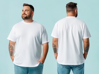 white t-shirt mockup for man plus size A man in a plain white t-shirt stands confidently, showcasing both front and back views against a soft blue background.