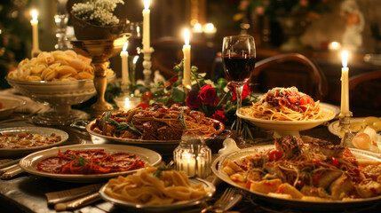 An elegant Italian dinner table with multiple pasta dishes, wine, and candlelight