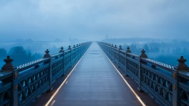 A bridge extends endlessly into the distance, with a blue mist-filled abyss below. A soft, faint light lines the path along the bridge.