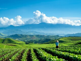 Farmer tending to vegetable garden under a blue sky, traditional farming practices, organic lifestyle