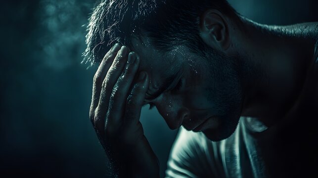 A man gripping his forehead with one hand, his jaw clenched tightly, veins visible on his neck, illuminated by a faint flickering light