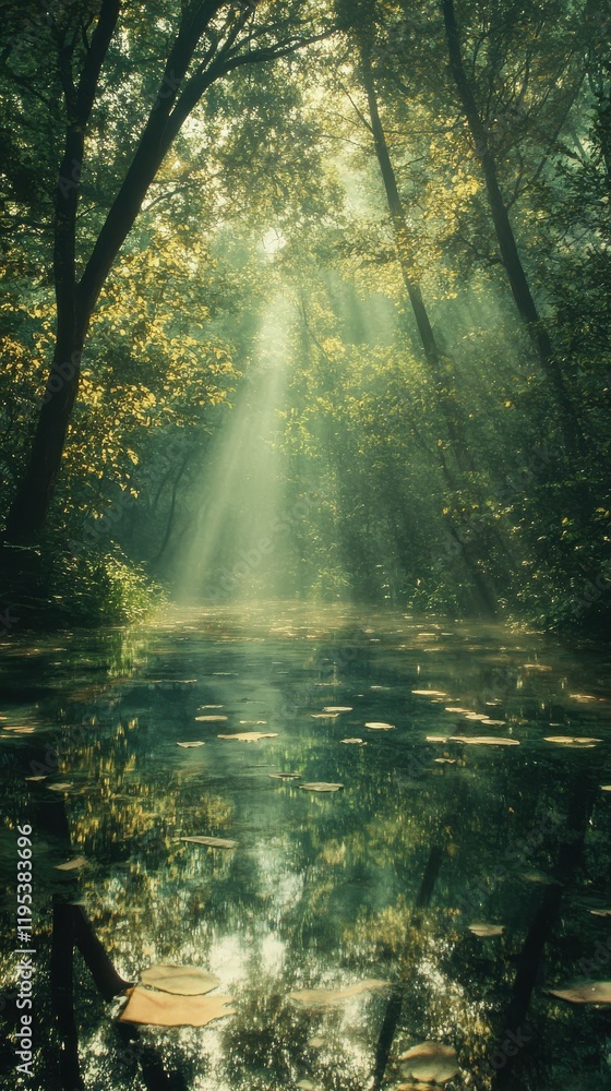 Poster serene reflections in a lush forest during the golden hour with soft light shining through the trees