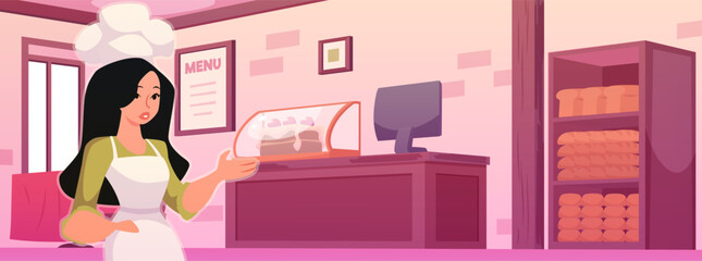 Bakery shop interior, counter with chef woman invites, vector flat showcase with cake dessert, bread products on shelves