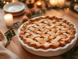 traditional thanksgiving family gathering with homemade apple pie and plant-based dishes on rustic wooden table with warm candlelight atmosphere