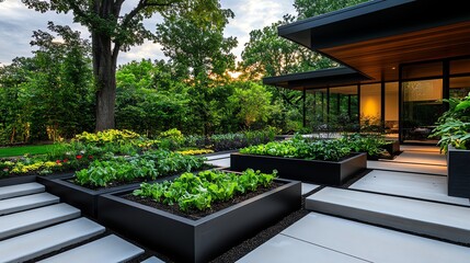 Fototapeta premium Minimalist vegetable garden with geometric raised beds, clean lines, and modern aesthetic