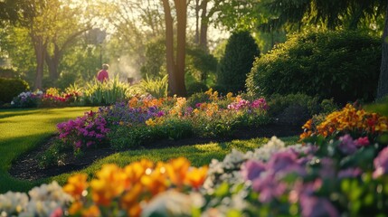 Obraz premium Serene garden setting with a gardener tending to vibrant flowers during golden hour