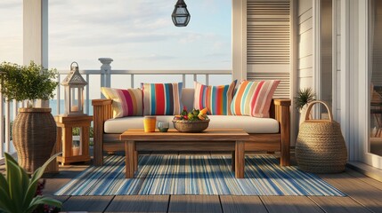 Fototapeta premium Beautiful seaside-inspired patio with wooden furniture and colorful cushions, perfect for relaxation and gatherings at sunset