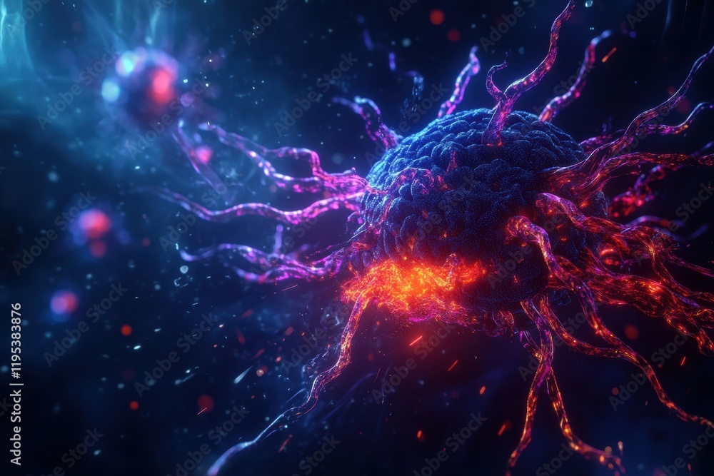 Poster magnified human cell under viral attack with vivid colors and intricate structure portrayed in a mic