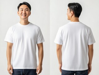 white t-shirt mockup for man plus size A man poses in a plain white t-shirt, showcasing both front and back views, smiling warmly against a neutral background.