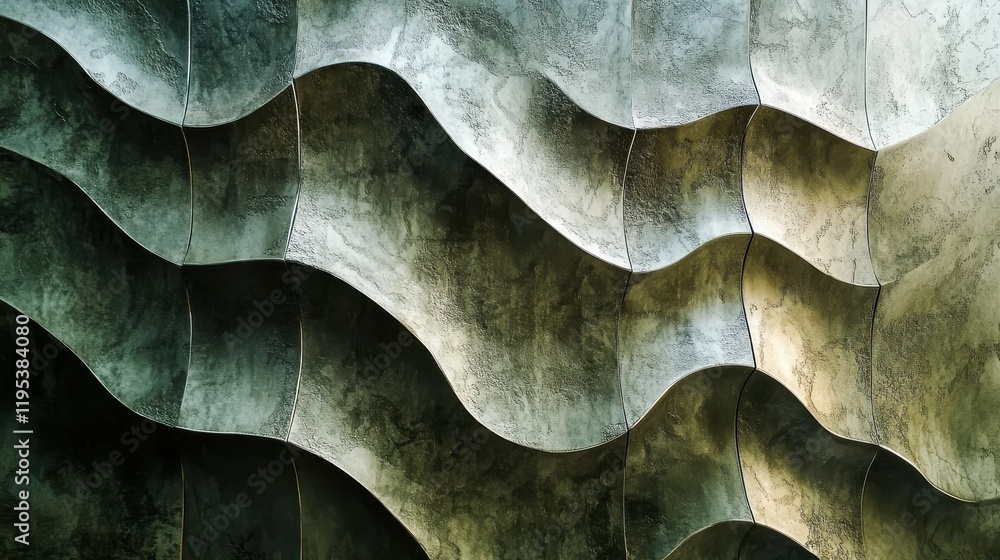 Poster intricate wavy metallic surface showcasing a gradient of textures and tones in an industrial setting