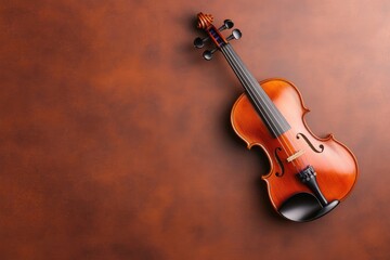 Fototapeta premium Overhead view of a violin on a brown background, leaving copy space.