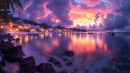 Fototapeta premium Tropical island beach at vibrant sunset with illuminated houses reflected in calm water.