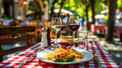 An outdoor trattoria with red checkered tablecloths, a glass of wine, and a plate of spaghetti
