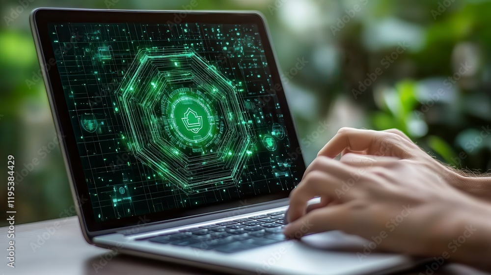 Poster secure online data protection person using laptop with digital security interface