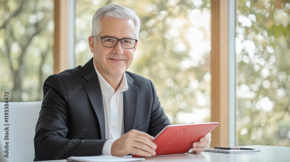 Poster professional middle-aged man working with a tablet in a bright, modern office setting during daytime