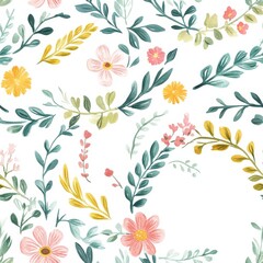 Playful doodle style cartoon drawings with watercolor flowers and leaves in vibrant colors on light background