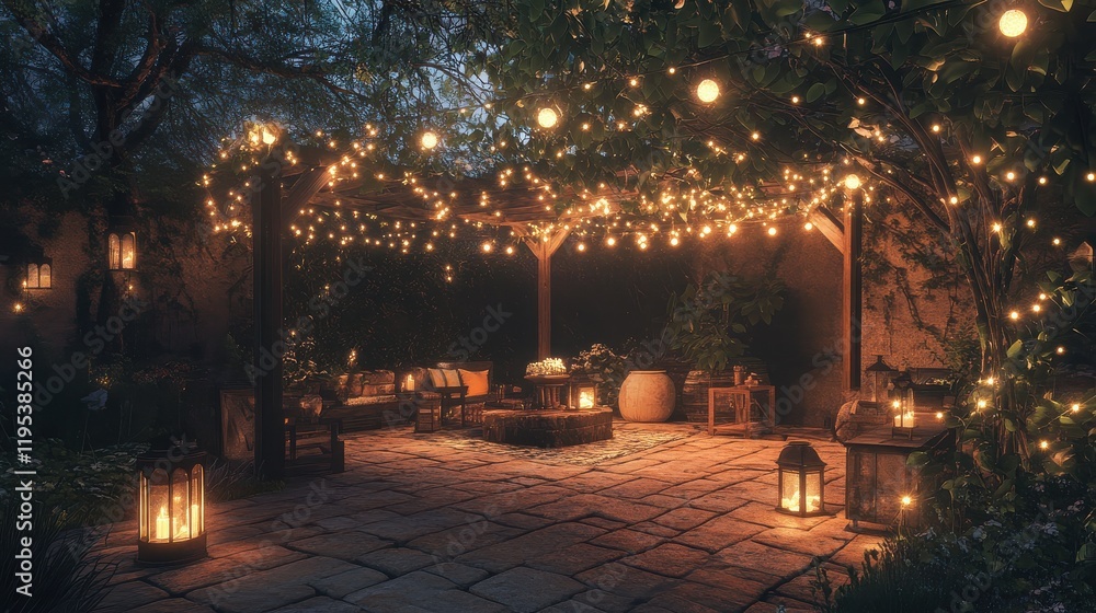 Aufkleber Elegant patio adorned with solar-powered string lights creating a cozy evening atmosphere