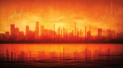 Dramatic Sunset Cityscape with Overlayed Financial Charts and Graphs