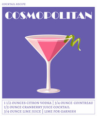 Cosmopolitan cocktail on the violet background. Vector illustration of classical alcoholic drink. Cocktail recipe poster