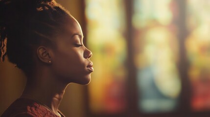 thoughtful black woman in prayer at church, soft light illuminating her face, deep connection with spirituality and faith traditions, sense of mindfulness and reflection