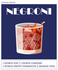 Negroni cocktail on the dark blue background. Vector illustration of classical alcoholic drink in rocks glass. Cocktail recipe poster