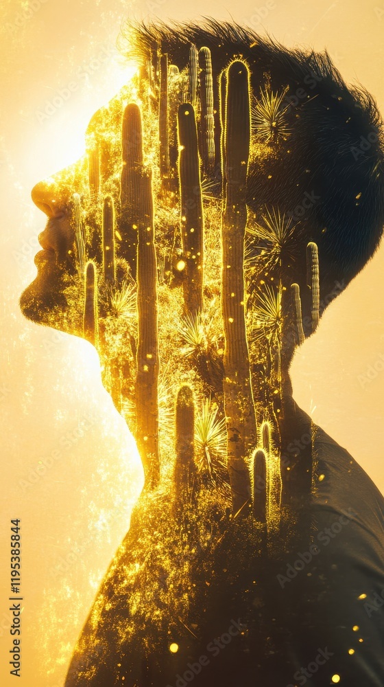 Poster mystical profile of a man filled with golden cosmic elements and sparkling lights at dusk
