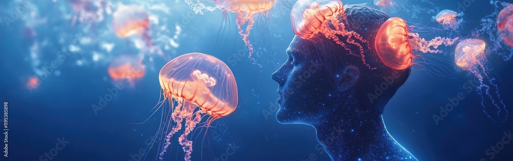 Aufkleber mystical profile of a man illuminated by vibrant jellyfish in an ethereal underwater realm