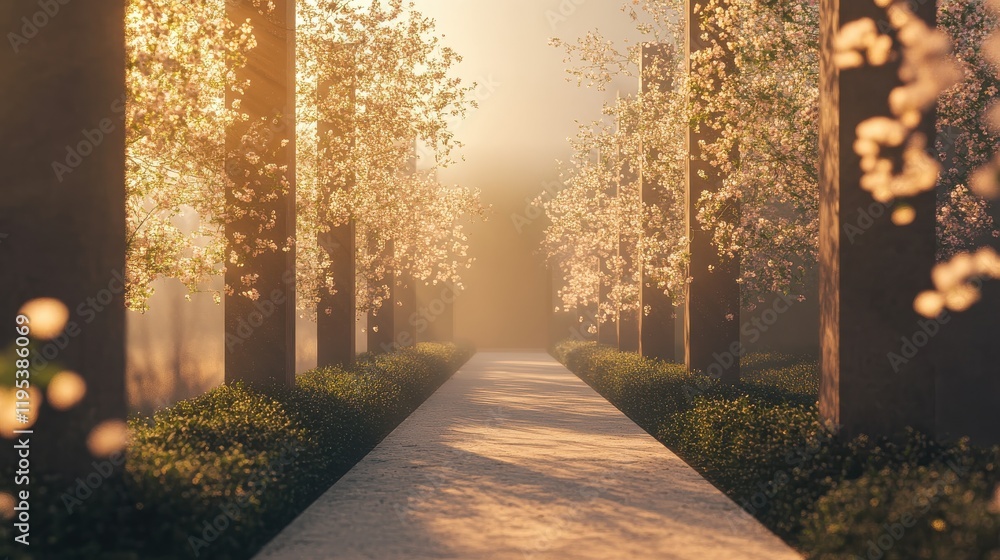 Poster Modern vineyard in spring features symmetrical rows of blossoming trees and a serene pathway