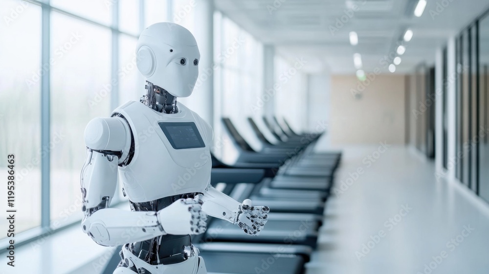 Poster advanced humanoid robot performing exercises in a modern gym setting with fitness equipment in the b