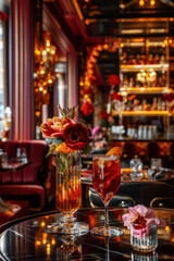 A beautifully plated dessert with edible flowers in a luxurious restaurant setting