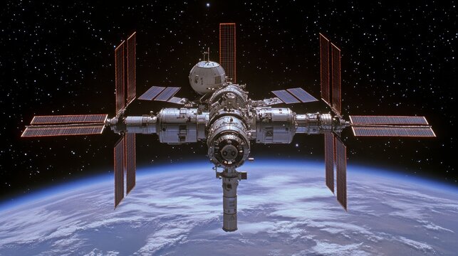 Mir Space Station Orbiting Earth Stunning View of Solar Panels Modules Cosmos