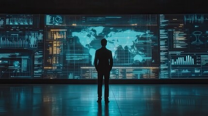 Global Data Analysis Businessman Reviewing Worldwide Information on Futuristic Screens
