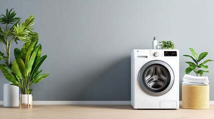 Compact and Efficient Laundry Room Design with Stacking Washer Dryer Unit Shelving and Decorative Plants for a Modern and Organized Home Space