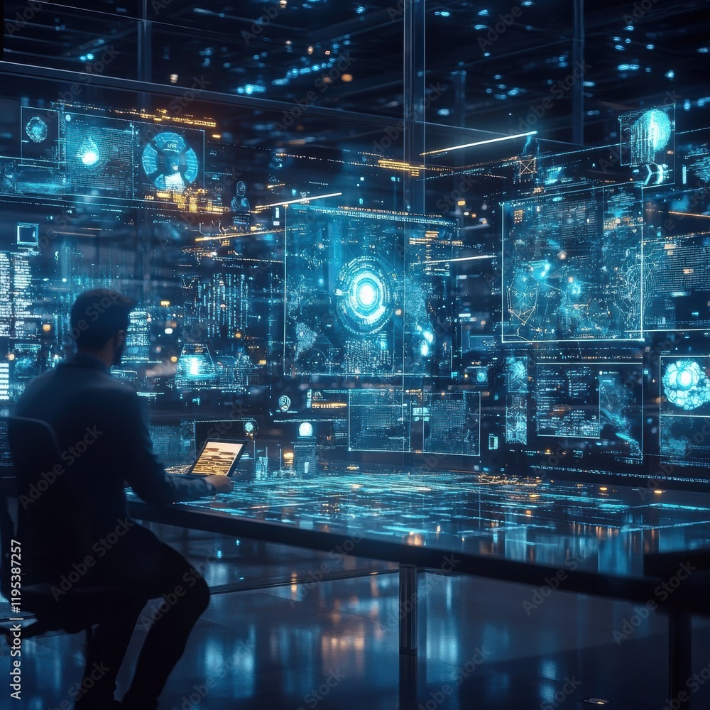 Poster Digital avatars enhance collaborative workspace experience with futuristic technology and data visualization. Generative AI