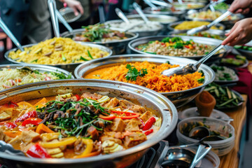 A bustling buffet with a variety of cuisines displayed in vibrant, appetizing arrangements