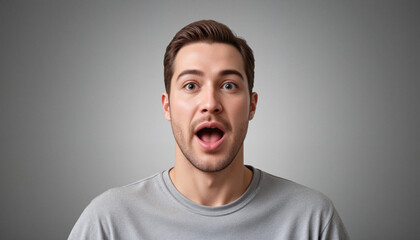 Obraz premium Surprised young man with open mouth and wide eyes, expressing astonishment against a minimalistic background