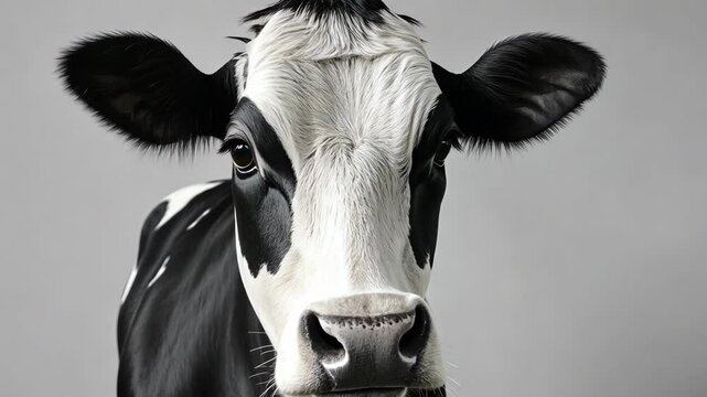 Close-up of a black and white cow highlighting its features and expression in a minimalist setting
