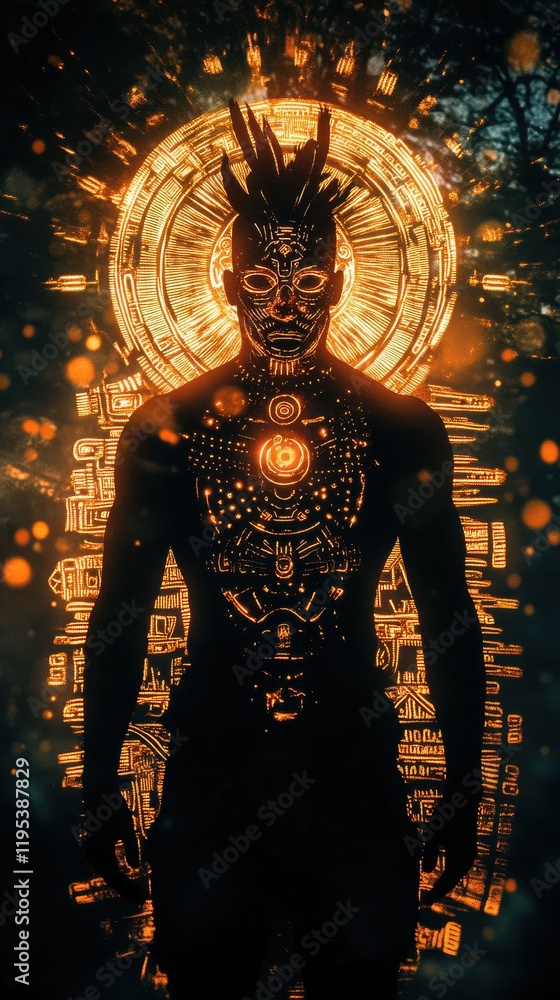 Poster man glowing with intricate patterns against a dark background in an abstract setting of luminous ene