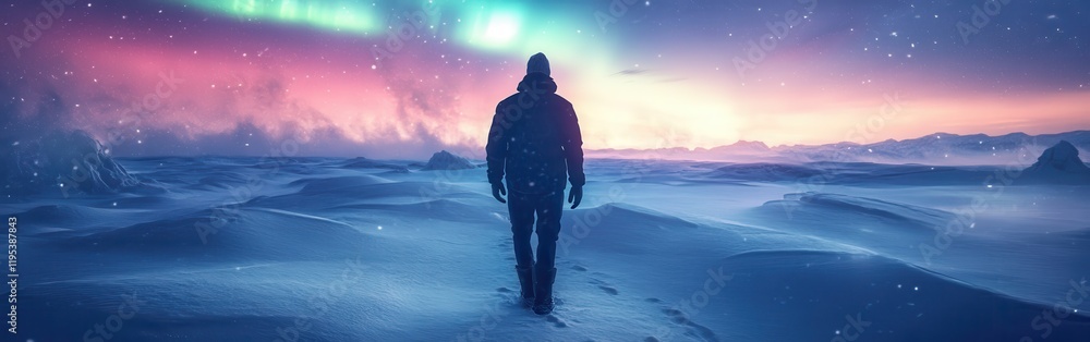 Poster man walking through snowy landscape under glowing auroras at twilight in the arctic