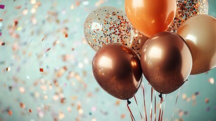 vibrant cluster of metallic orange and brown balloons floating gracefully against a backdrop of colorful falling confetti, creating a festive and celebratory mood