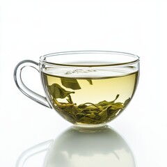 Savoring a calming moment with a clear glass teacup filled with fragrant green tea