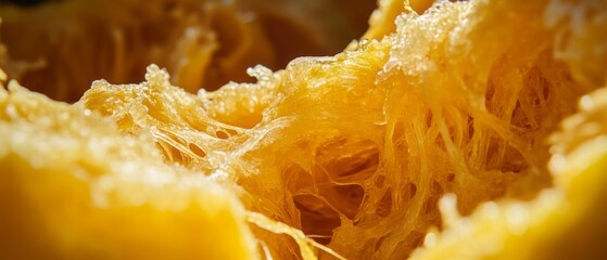 Close-up view of fibrous strands inside a ripe pumpkin showcasing intricate details and textures