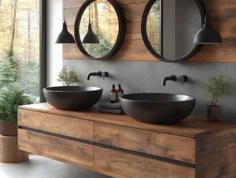Modern bathroom with dual black oval vessel sinks and minimalist design