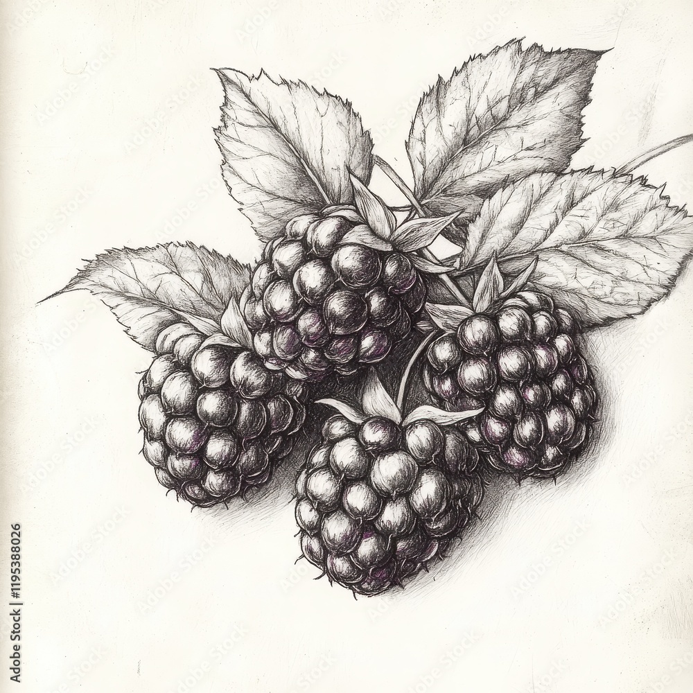 Poster cluster of textured blackberries arranged with leaves captured in intricate detail in black ink