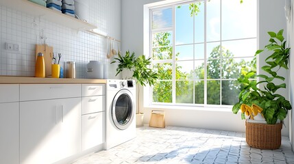 Cozy and Functional Laundry Room with Dual Tone Cabinetry Patterned Decor and Natural Lighting  A Practical and Organized Domestic Space for Household Tasks