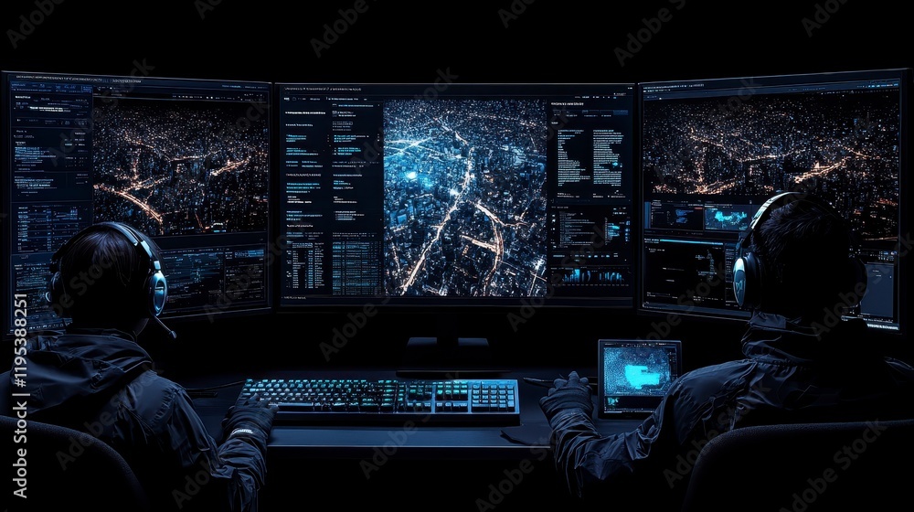 Poster cybersecurity professionals monitoring city network data on multiple monitors